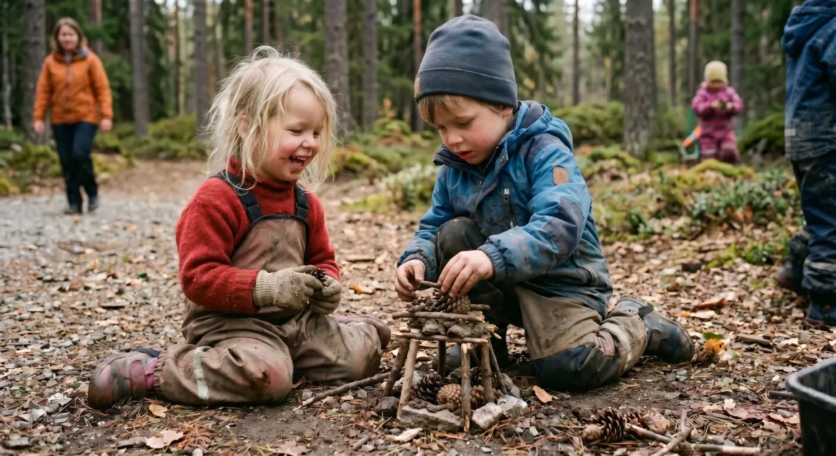 Barn leker i skogen ved Spiren barnehage